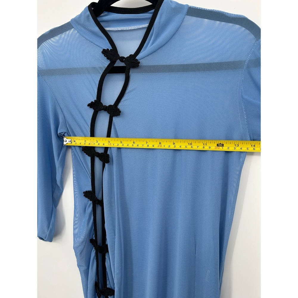 Blue Sheer Mesh Frog Knot Asymmetric Midi Dress Womens Small - Picture 8 of 12